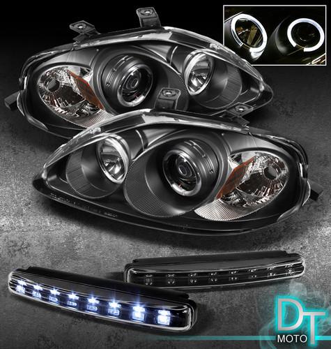 Drl led bumper fog lamps+ 99-00 civic halo projector headlights jdm black