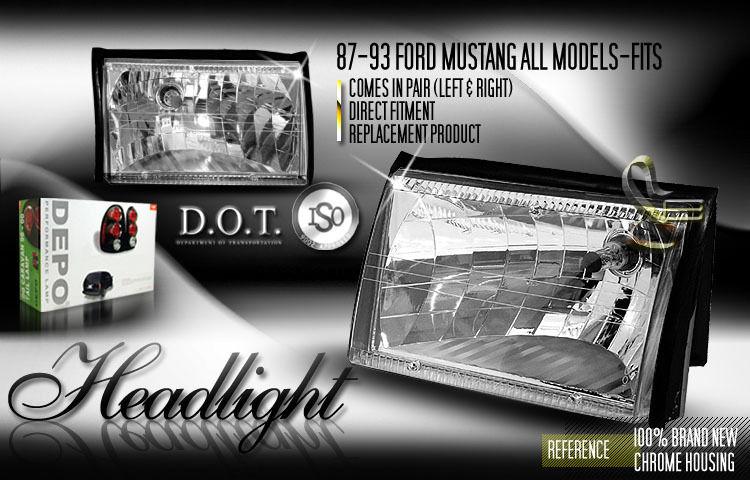 Depo pair euro chrome headlights head lamps 87-93 88 89 90 91 92 ford mustang