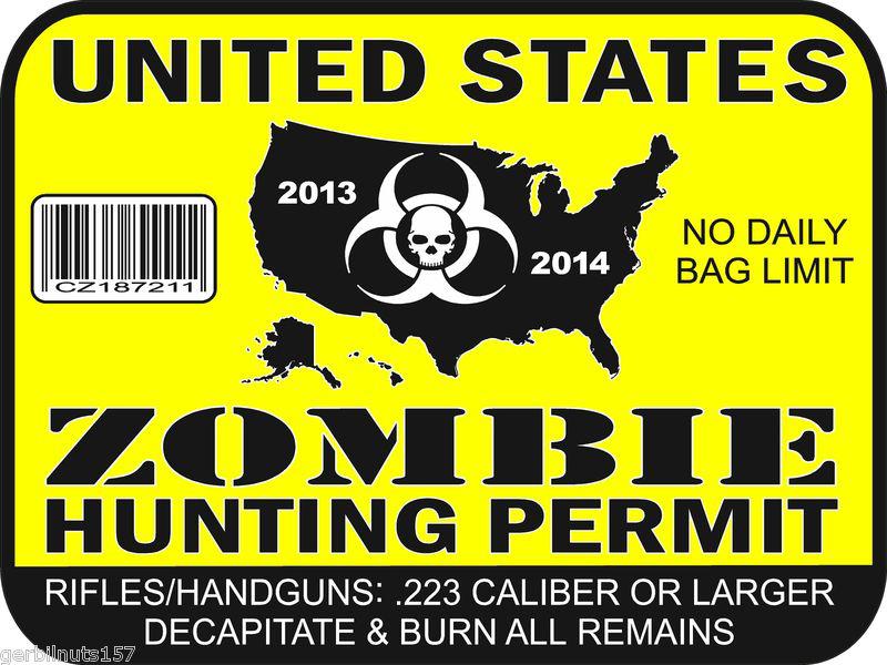 Zombie hunting license permit decal -4"- outbreak vehicle vinyl sticker tags