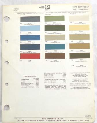 1972 chrysler and imperial ppg color paint chip chart all models 