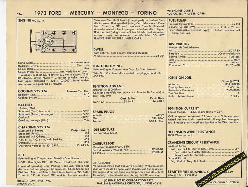 1973 ford mercury montego/torino 400 ci code s v8 car sun electronic spec sheet