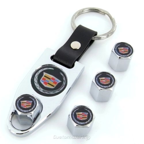 Cadillac silver logo tire valve caps + wrench keychain