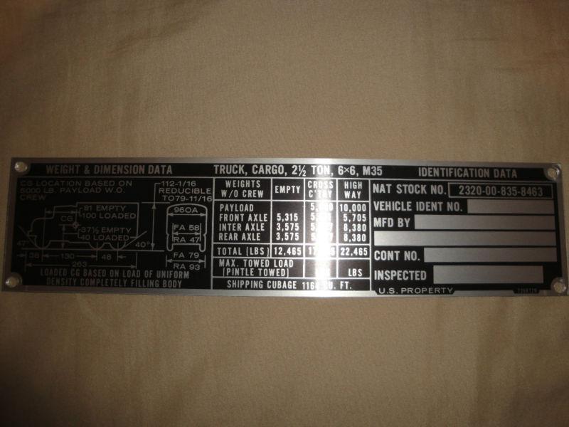 M35 weight dimension nos data plate truck cargo 2-1/2 ton 6x6 