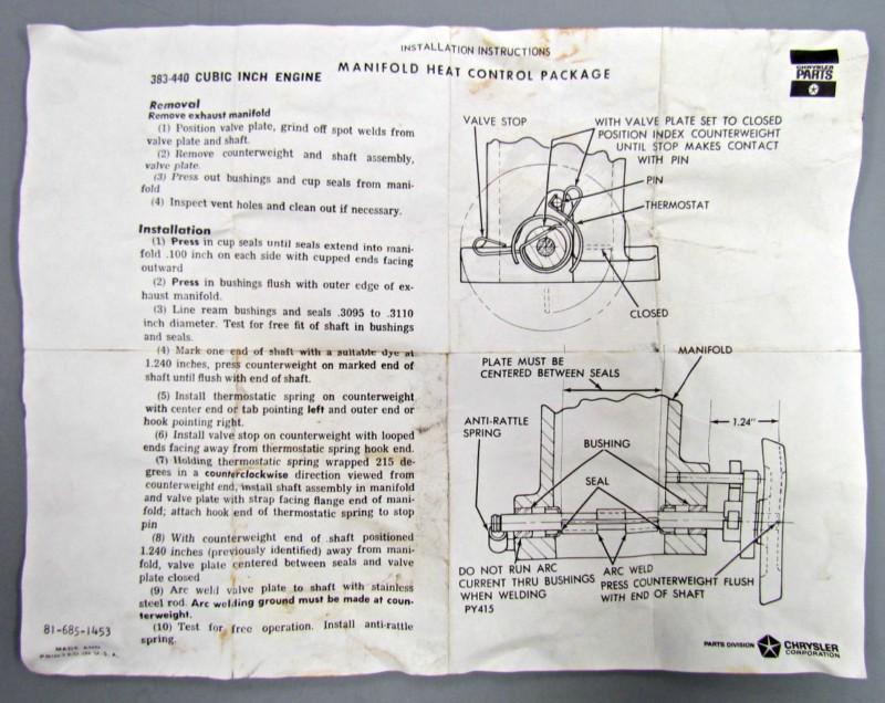 Sell 1970 To 1974 NOS MoPar Exhaust Manifold Heat Riser Repair Kit