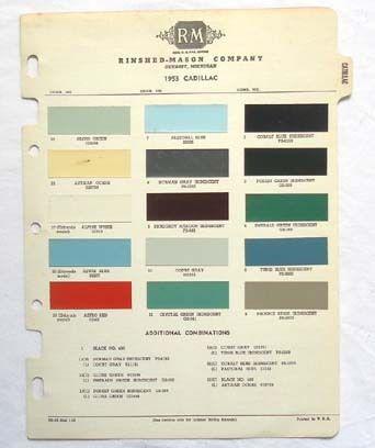  1953 cadillac r-m color paint chip chart all models original