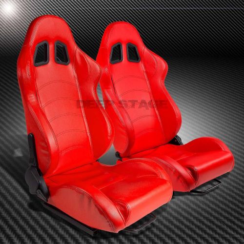 Red pvc leather reclinable sports style racing seats+mounting slider rails set