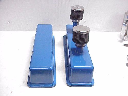Steel tall blue circle track valve covers with breathers for sb chevy imca ump