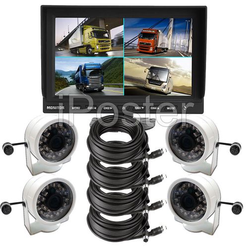 9&#034; split quad car monitor 4 video+4x 49ft 4pin truck ccd backup camera 24v-12v
