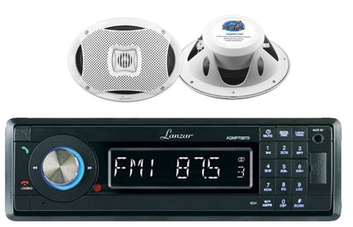Aqmp70btb in-dash wireless marine detachable radio+ 500 watt 2-way boat speakers
