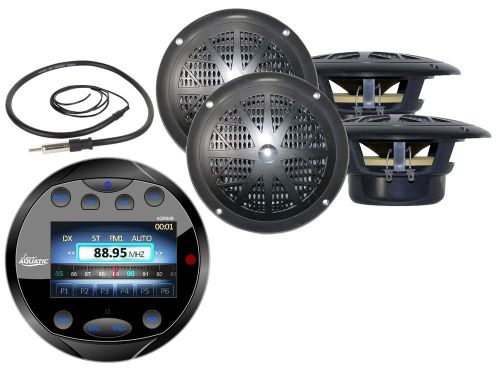 Lanzar round bluetooth aux am fm marine radio,antenna,4 black 4&#034; marine speakers