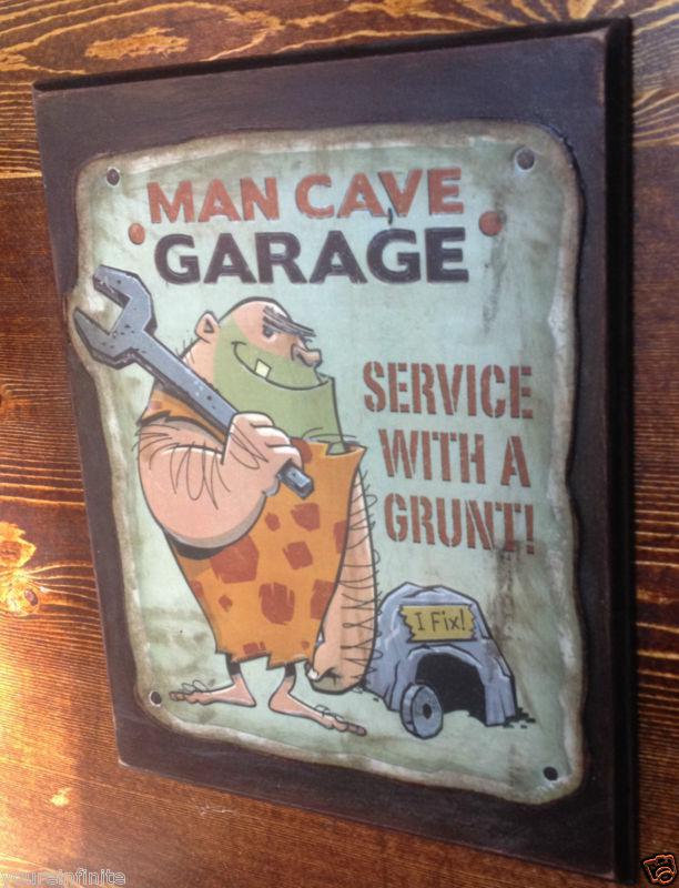Vintage style cave man garage sign service with a grunt man shop hot rat rod