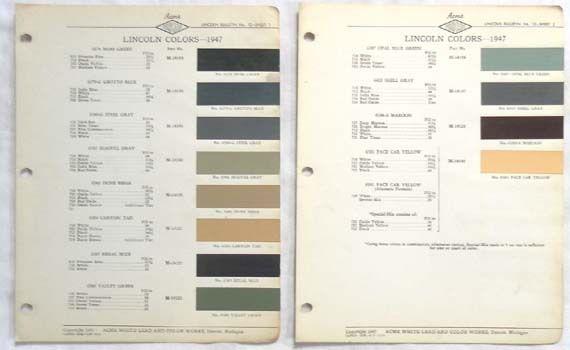 1947 lincoln acme  color paint chip chart all models   original