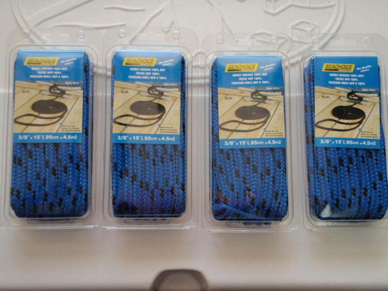 Double braid dock lines  3/8" x 15ft seachoice 42411 blue w/black tracer 4pac