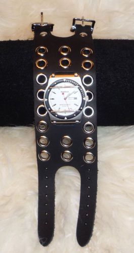 Wide heavy duty dbl strap harley style leather biker watchband made in u.sa.