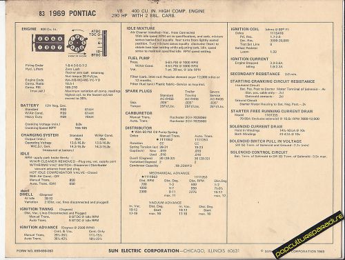 1969 pontiac v8 400 ci / 290 hp 2 bbl engine car sun electronic spec sheet