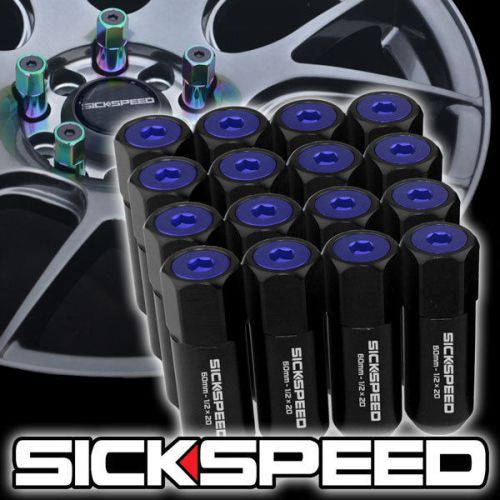 16 black/blue capped aluminum 60mm extended tuner lug nuts for wheels 1/2x20 l30