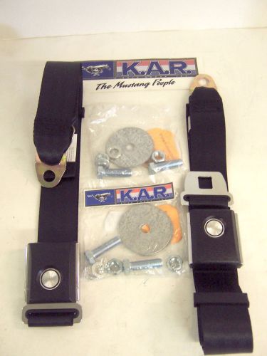 1965 thru 1973 mustang black seat belts; pair (2)!  starburst emblem