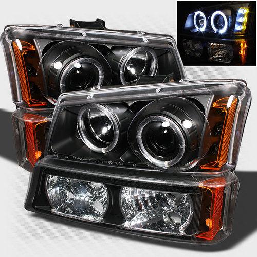 03-06 chevy silverado halo led projector headlights blk bumper head lights pair
