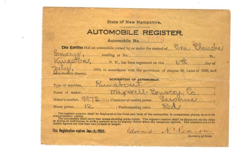 Antique car registration for a 1910 maxwell runabout #9972 real not a copy
