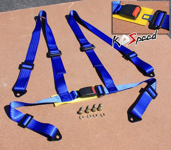 Universal 2" strap 4-pt point blue nylon racing seat belt buckle harness safety