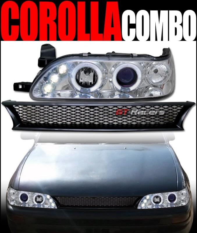 Chrome halo led projector head light+mesh hood grill grille bk 1993-1997 corolla