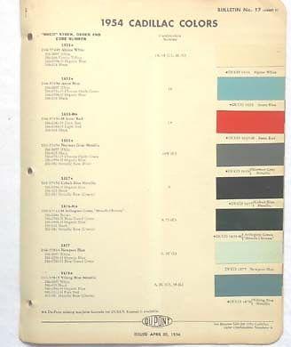  1954 cadillac dupont color paint chip chart all models original