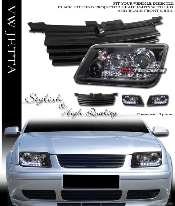 Blk drl led projector head lights signal+hood grill grille h 1999-2004 jetta mk4