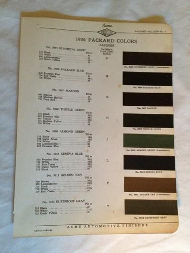 1936 packard~paint chip~automotive~acme paints~color chart~original!