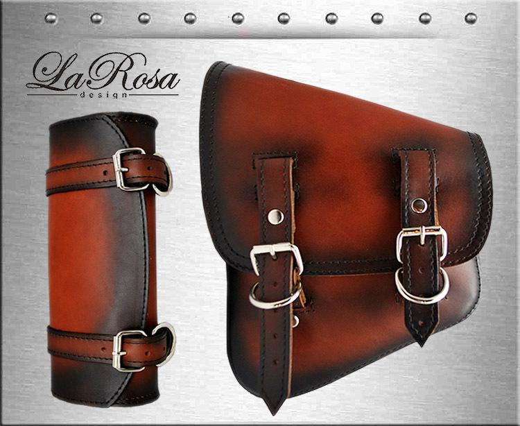 Larosa antique shedron leather harley bobber rigid saddlebag + matching tool bag
