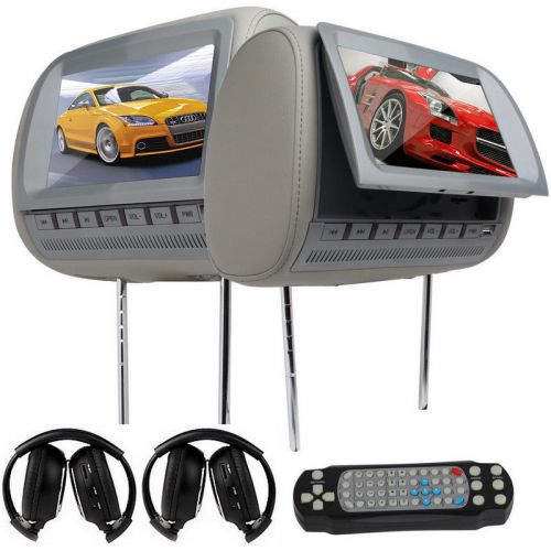 9&#034;car pillow headrest monitors dual dvd cd player black 2x ir headsets us stock