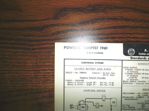 1961 pontiac four &amp; eight series tempest 4 &amp; 8 cylinder models aea tune up chart