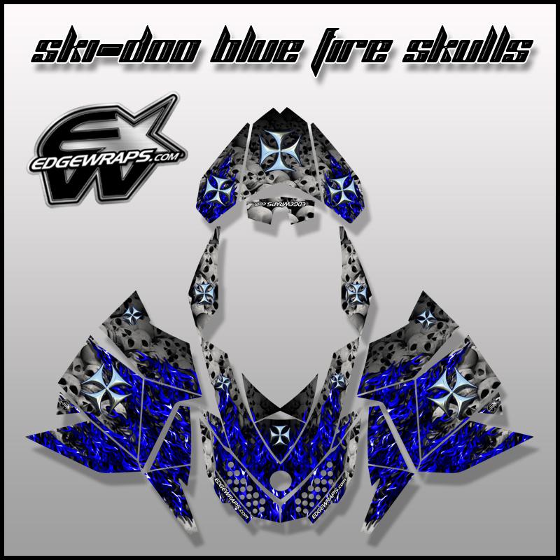 Ski doo rev, xp, mxz, custom graphics decal kit - 08/12  blue fire skulls
