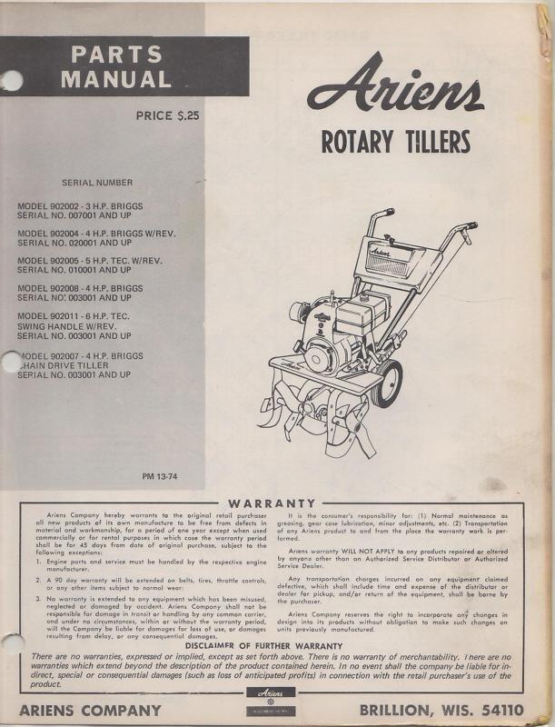  ariens rotary tillers parts manual p/n pm-13-74  (044)