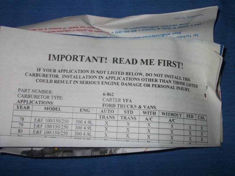 CHAMPION REMANUFACTURED CARBURETOR 6-862 FACTORY SHRINKED WRAPPED & BOXED, US $30.00, image 9