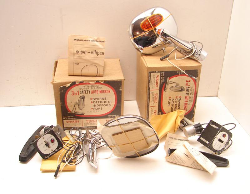 2 nos 1950's 60's super ellipse door mirror defrost warns defogs lights rat rod