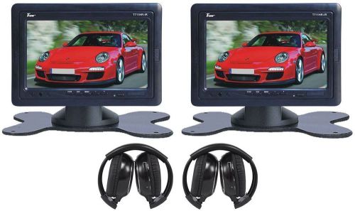 Pair of tview t711hr-ir 7&#034; wide screen car headrest monitors+2 wireless headsets