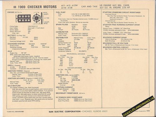 1969 checker motors 327 a11-a12-a12w-a11e-a12e taxi sun electronic spec sheet