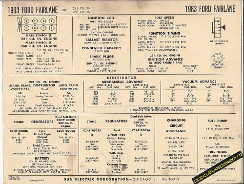 1963 ford fairlane 221/260 ci v8 engine car sun electronic spec sheet