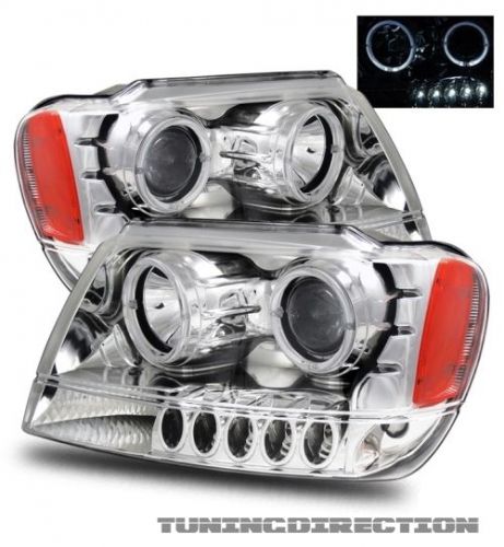 For 99-04 jeep grand cherokee led angel halo clear chrome projector headlights