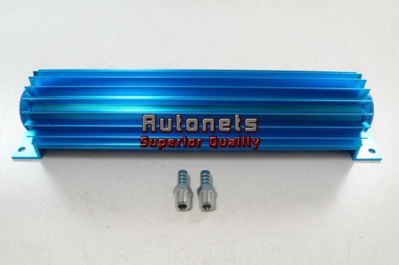 Aluminum anodized blue dual pass 12" transmission cooler finned hot rod 1/4" npt