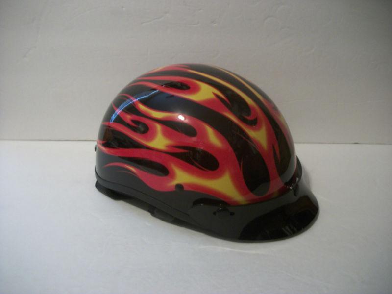 Helmet motorcycle half gloss black red orange flames size xs adult dot cert nib