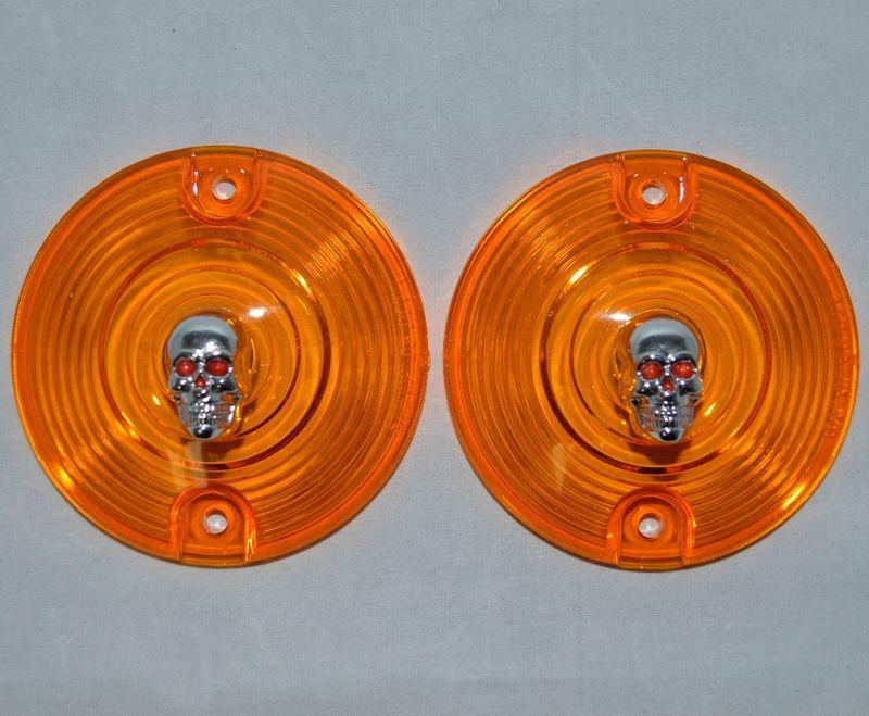 2 amber lenses w/ chrome skulls for harley turn signal running light blinkers 