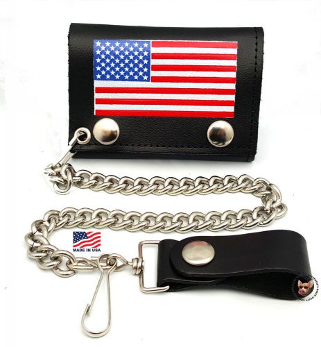Usa american flag leather biker chain wallet * made in usa * motorcycle trucker
