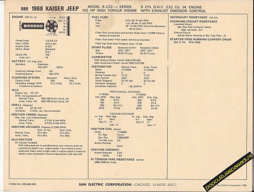 1968 kaiser jeep model 6-232 j series 145 hp car sun electronic spec sheet