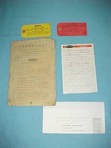 1966 kiekhaefer mercury outboard motor 6 hp merc 60 certificate tags &amp; envelope