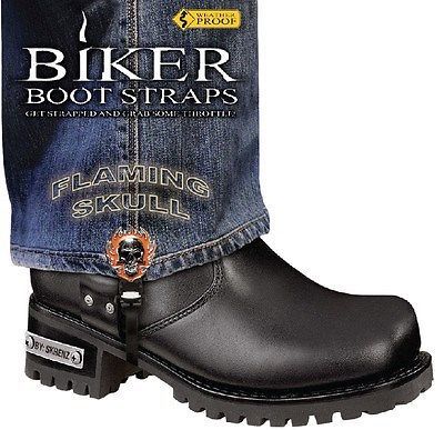 Bbs/fs6 biker boot straps flaming skull black 6&#034; pants hold down new pair