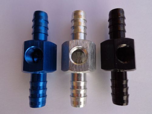 Blue  fuel pressure gauge fitting  3/8" barb to gauge port to 3/8" barb
