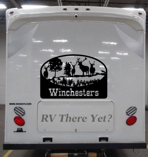 Deer  mountains scene decal  for rv travel trailer camper with family name