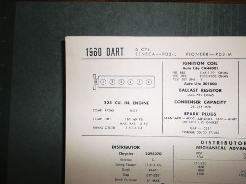 1960 dodge dart six series seneca &amp; pioneer models 225 ci l6 tune up chart
