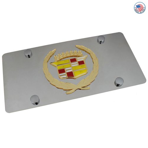 Cadillac classic gold logo on polished stainless steel license plate